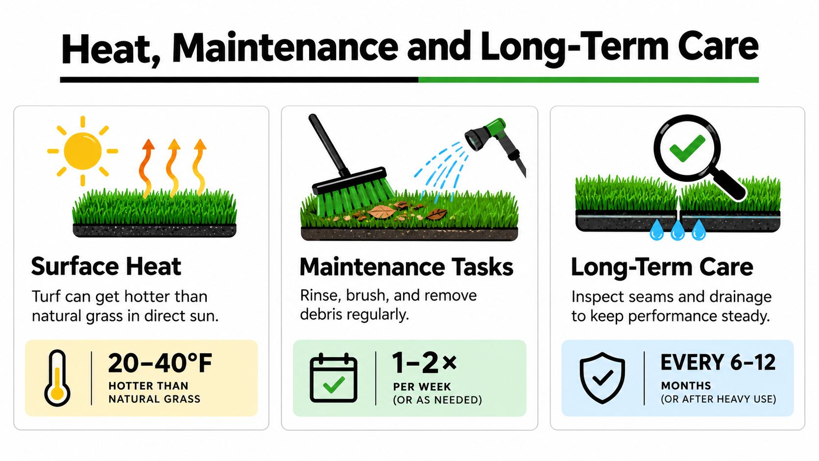 An infographic showing guidelines for heat, maintenance, and long-term care for residential artificial turf installations.