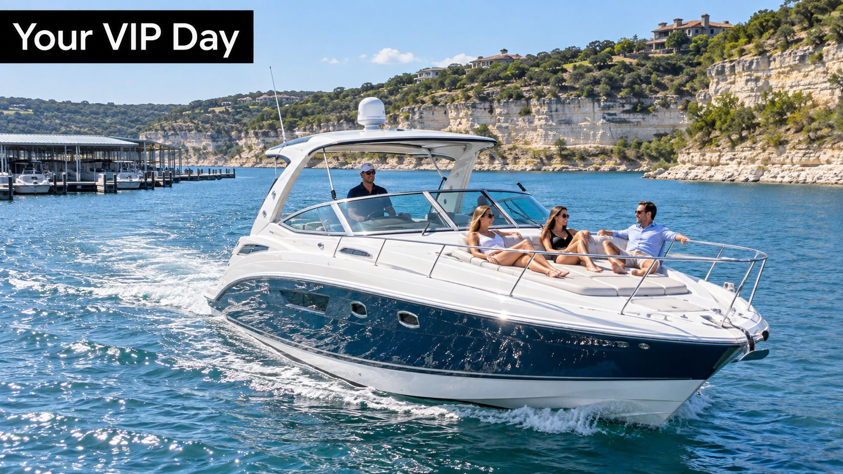 A group of friends enjoying a sunny VIP day on a luxury boat at Lake Travis.