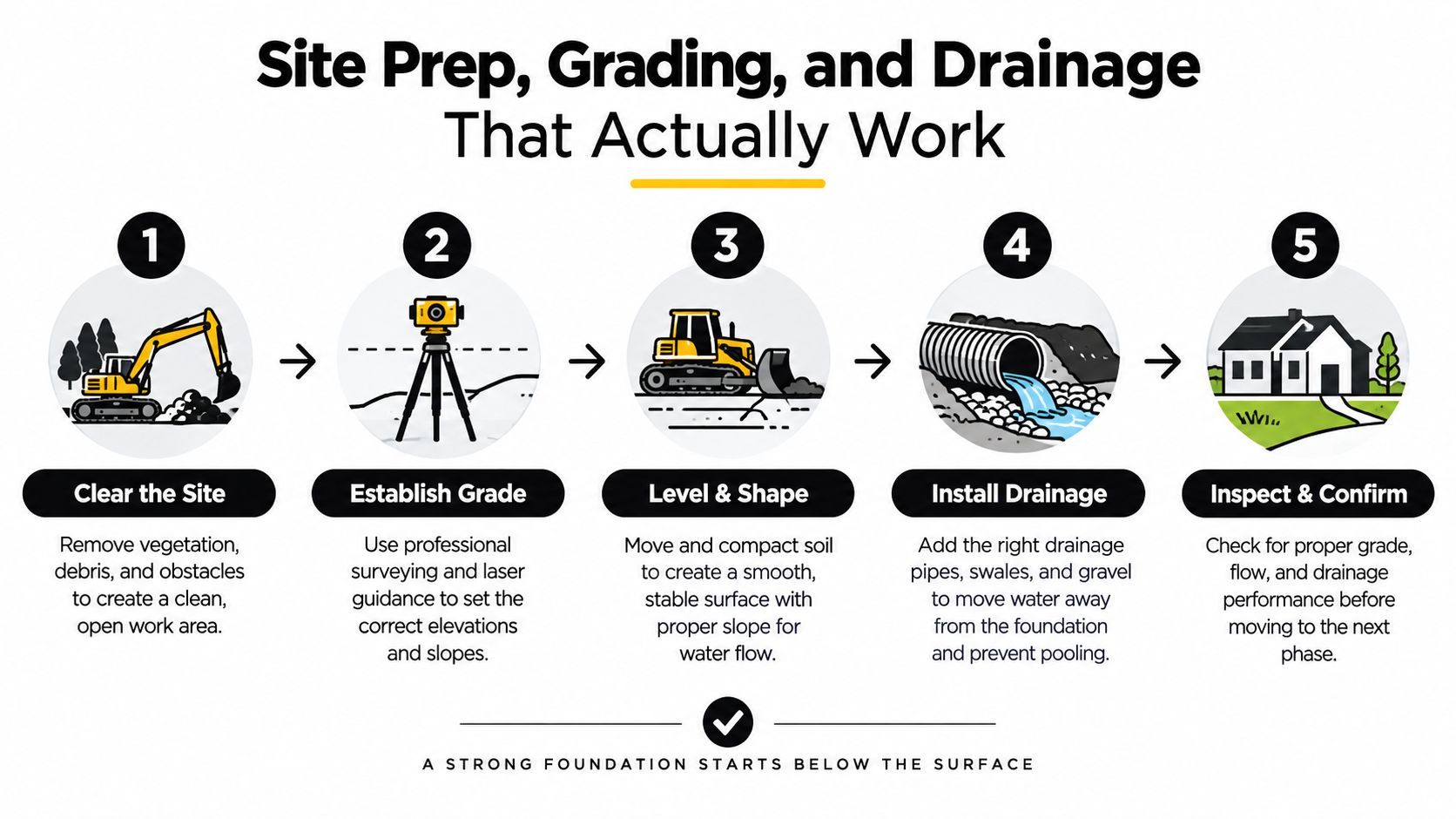 A five-step infographic showing the construction process for site preparation, grading, and proper water drainage installation.