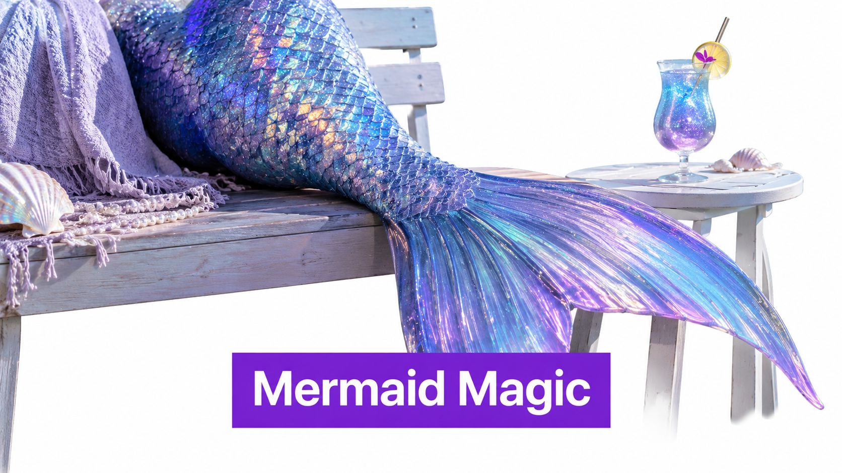 A sparkling iridescent mermaid tail rests on a wooden bench next to a magical galaxy cocktail drink.