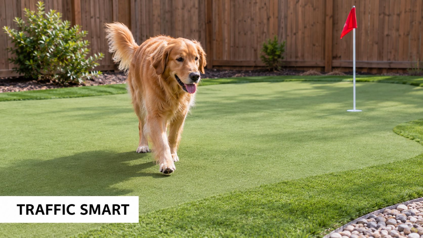 A golden retriever walking on a lush artificial backyard putting green with a flag in the background.