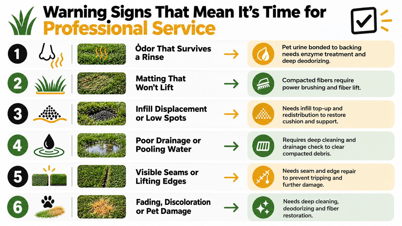 An infographic detailing six warning signs indicating that artificial turf requires professional maintenance and repair services.
