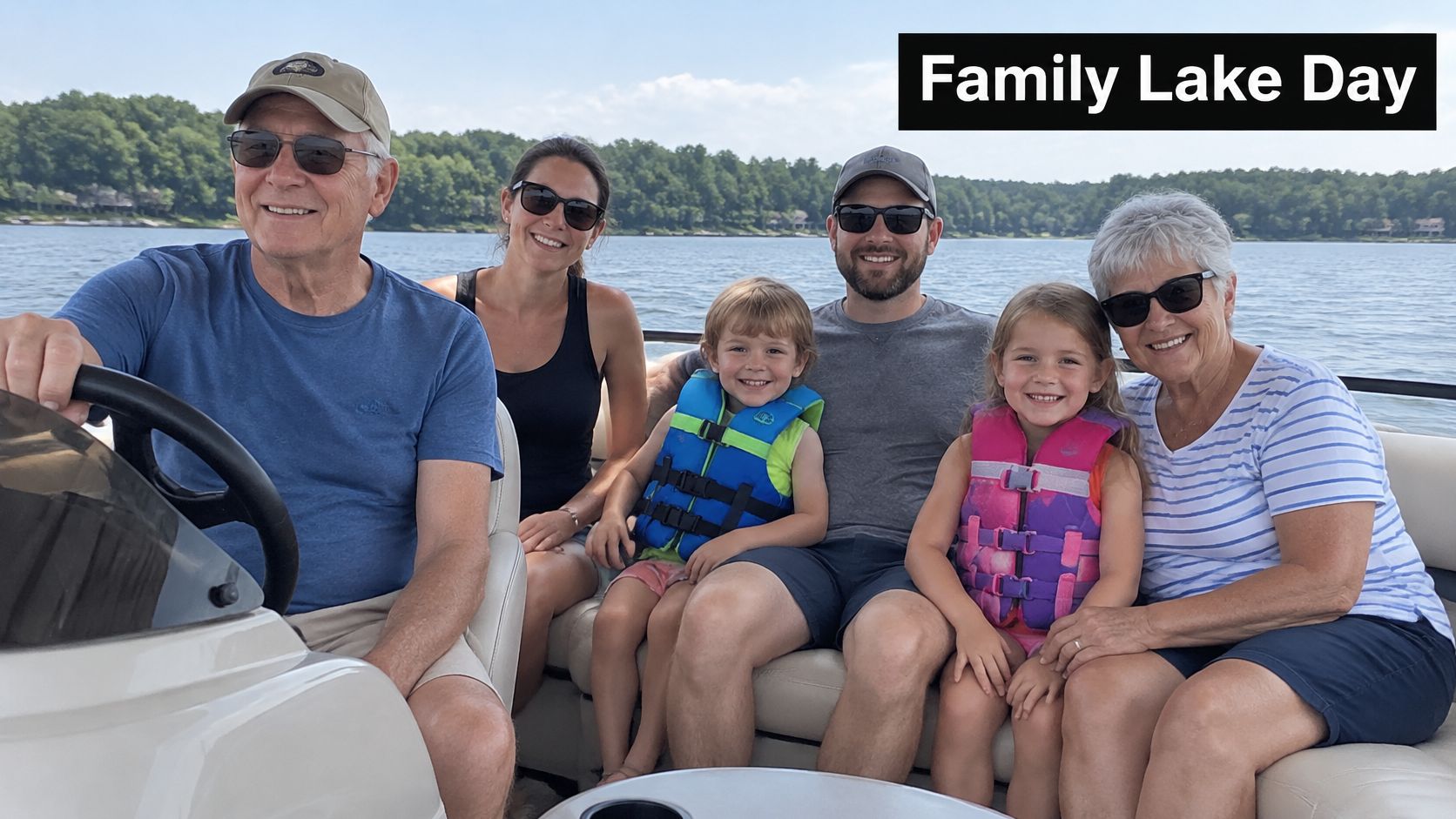 A happy multi-generational family sitting on a pontoon boat while enjoying a sunny day at the lake.