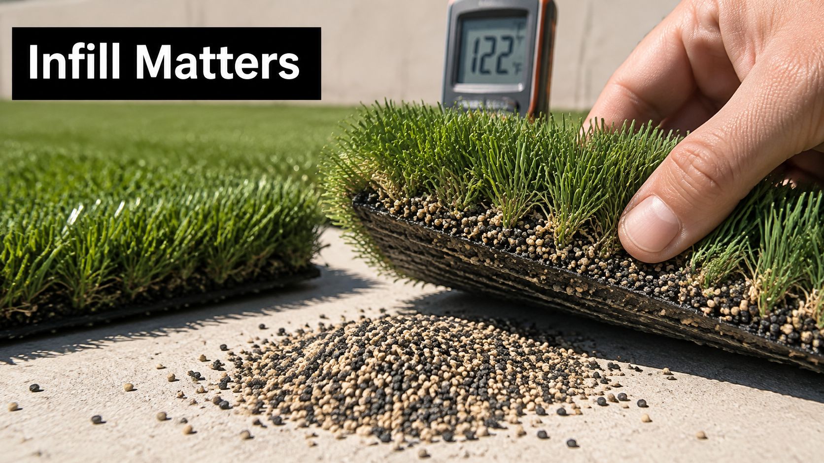 A close-up view of artificial turf with infill pellets, showing a temperature gauge reading 122 degrees Fahrenheit.