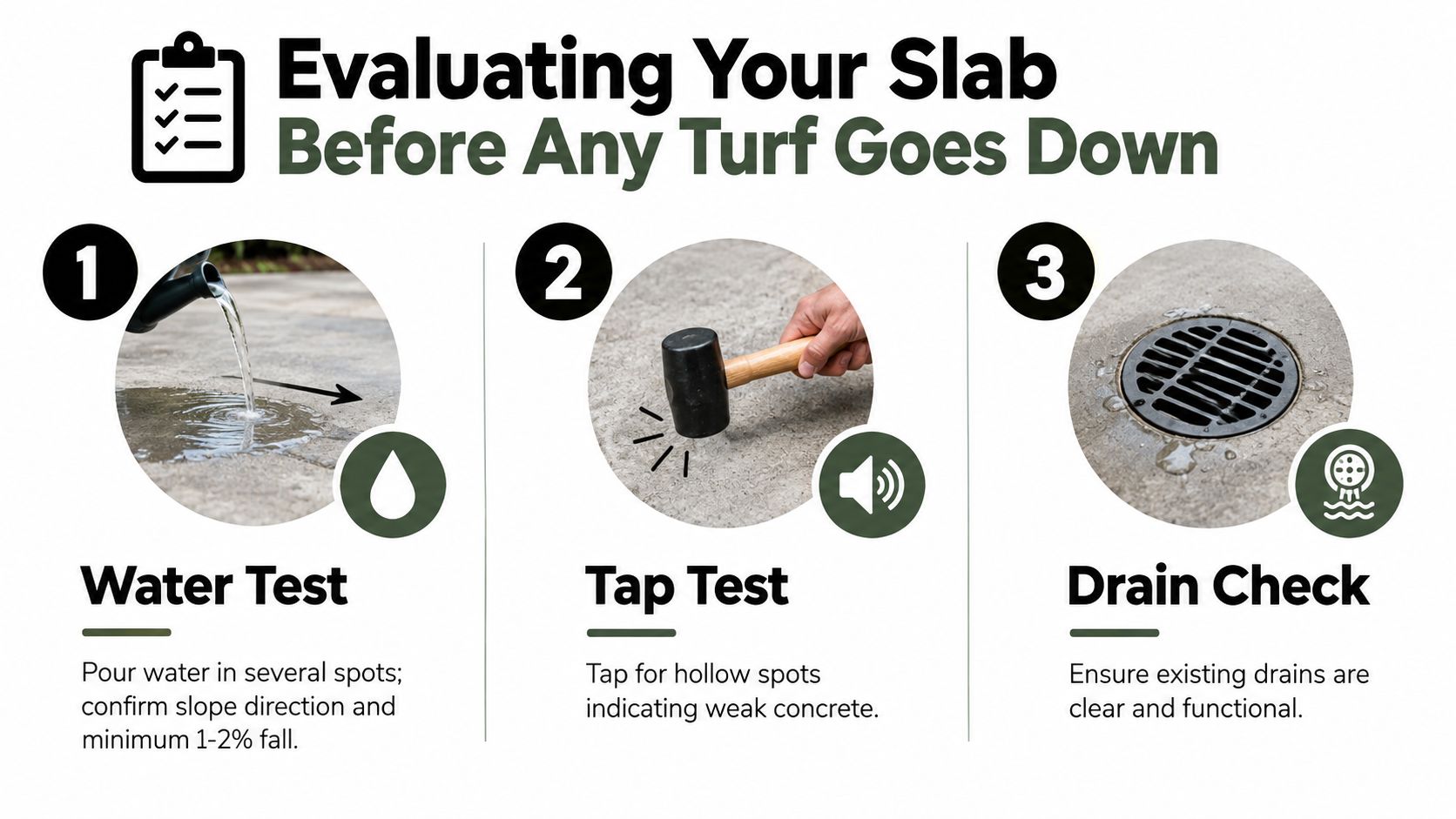 A three-step guide on how to evaluate a concrete slab for artificial grass drainage and stability.