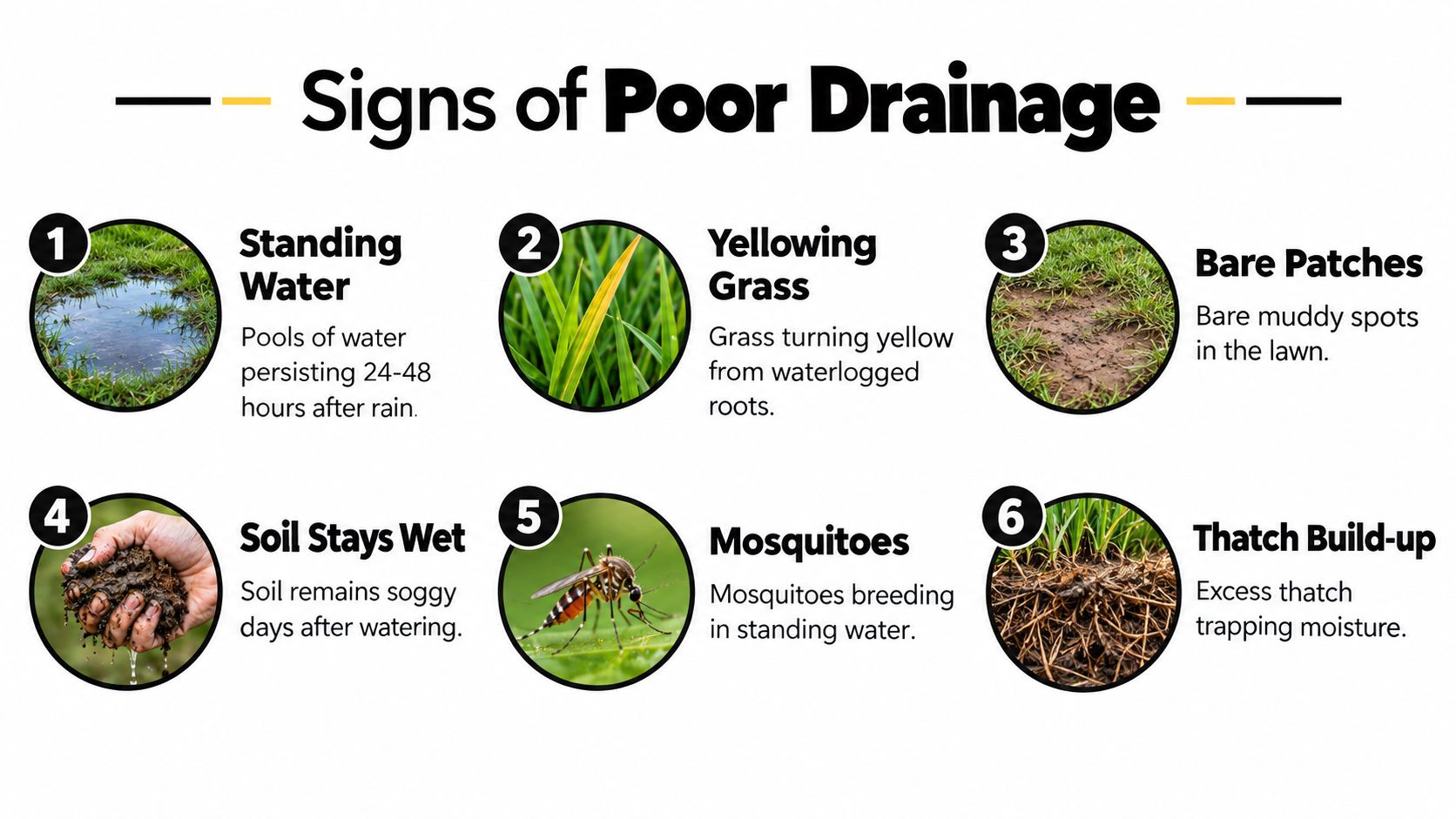An infographic titled Signs of Poor Drainage displaying six visual indicators of lawn water drainage problems.