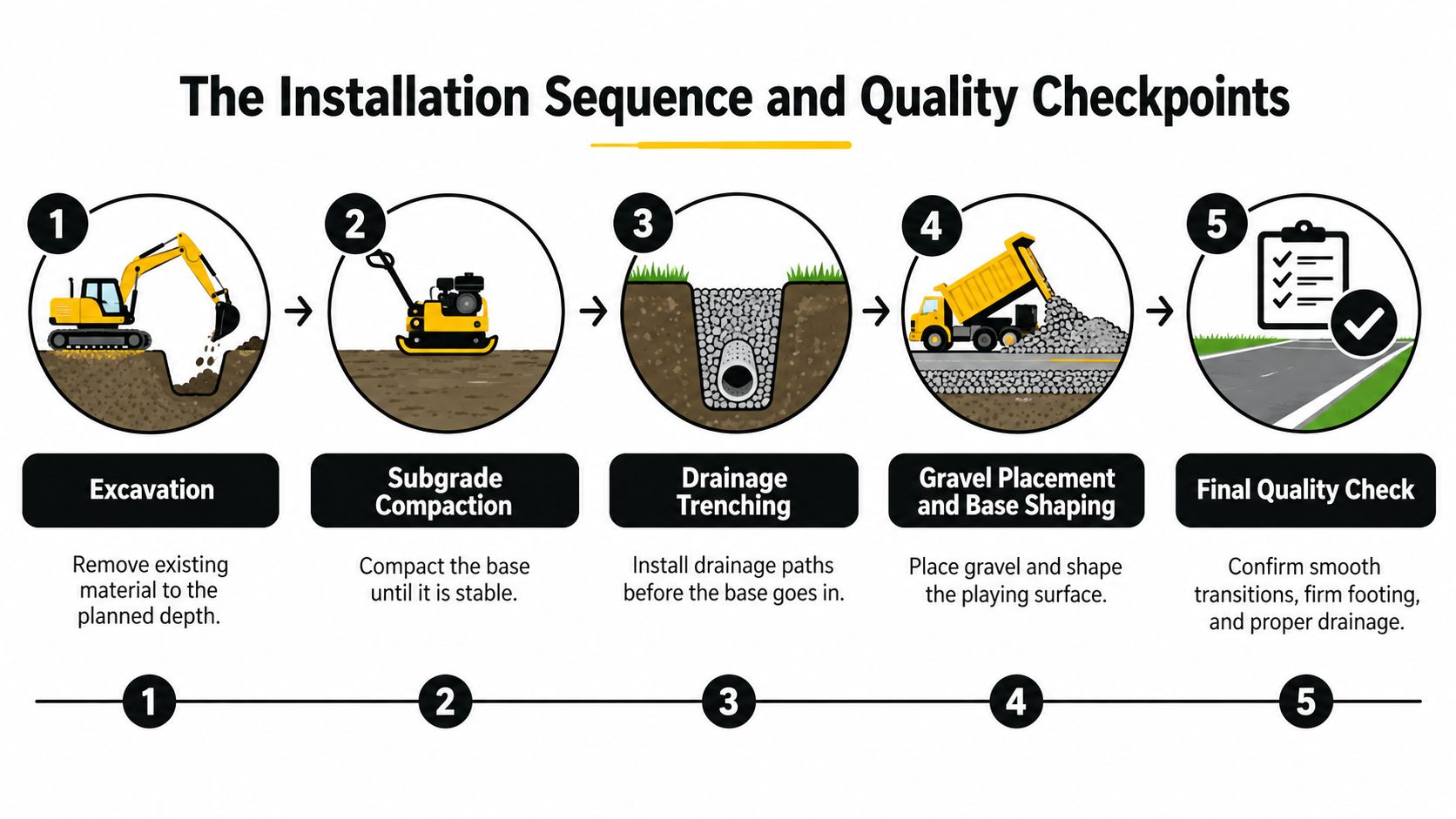 A 5-step infographic explaining the outdoor putting green installation process, from excavation to the final quality check.