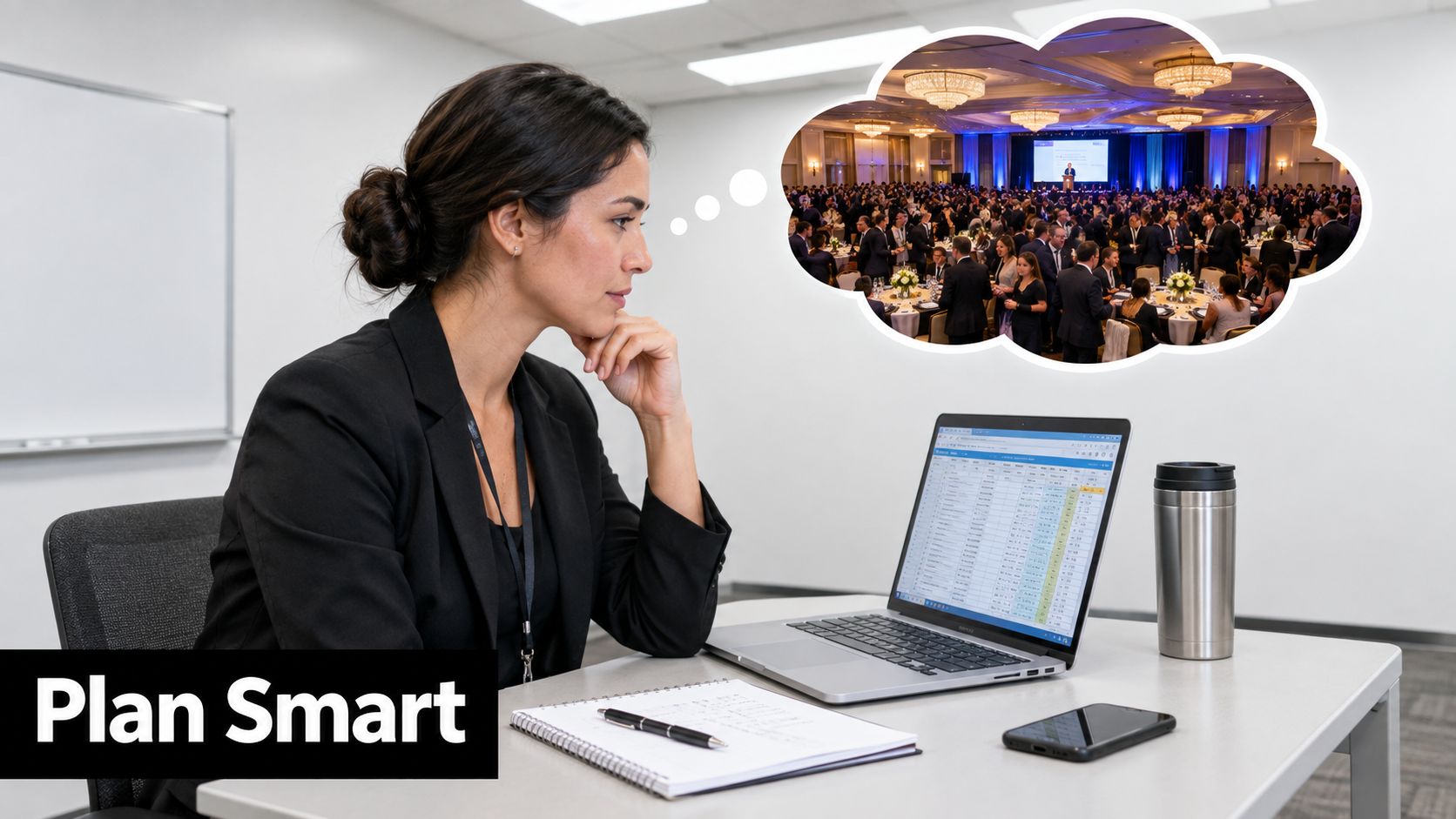 A professional woman in a business suit sitting at her desk, planning a large corporate banquet event.