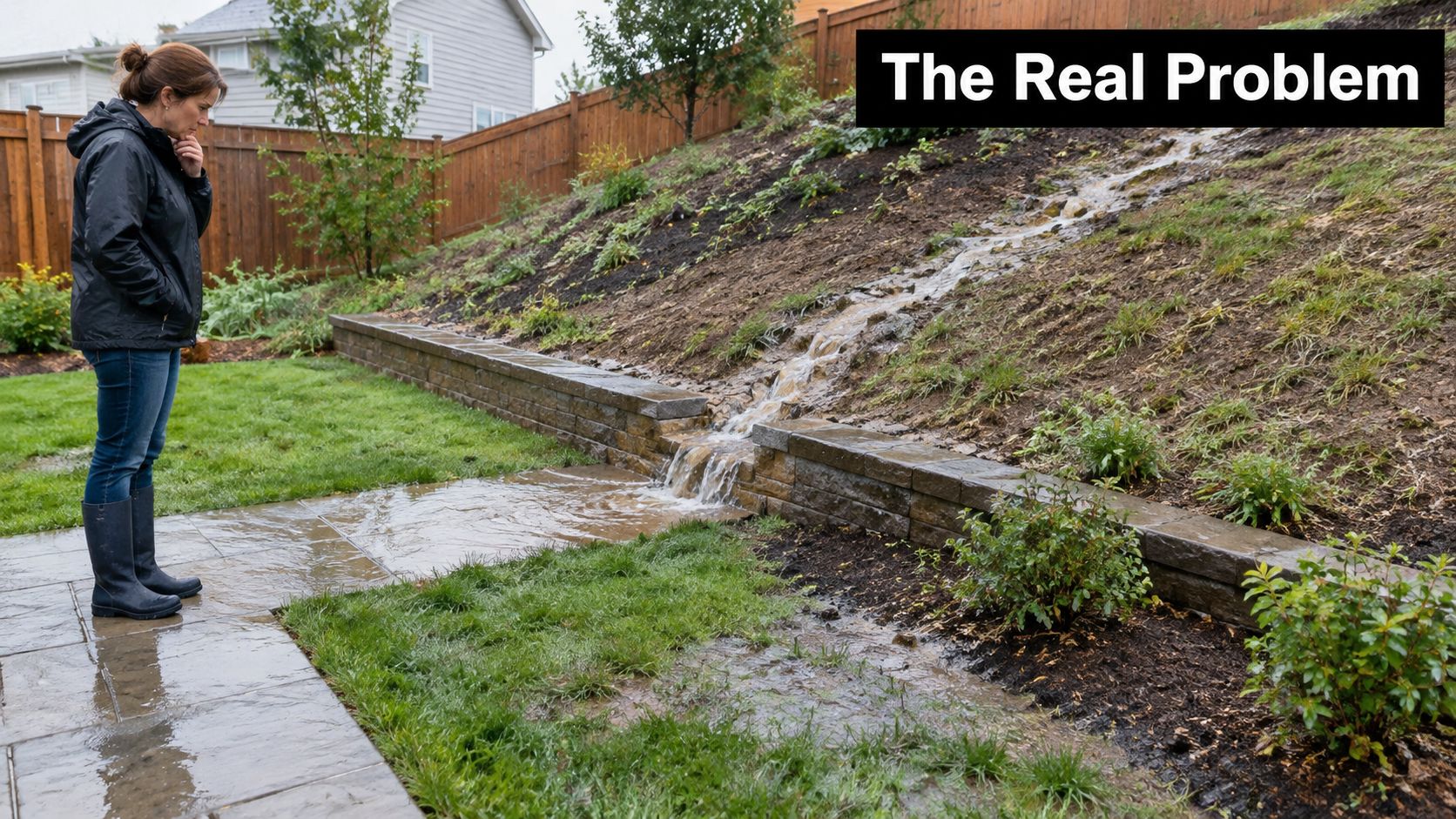 A woman stands in a flooded yard, observing muddy water pouring over a low stone retaining wall.