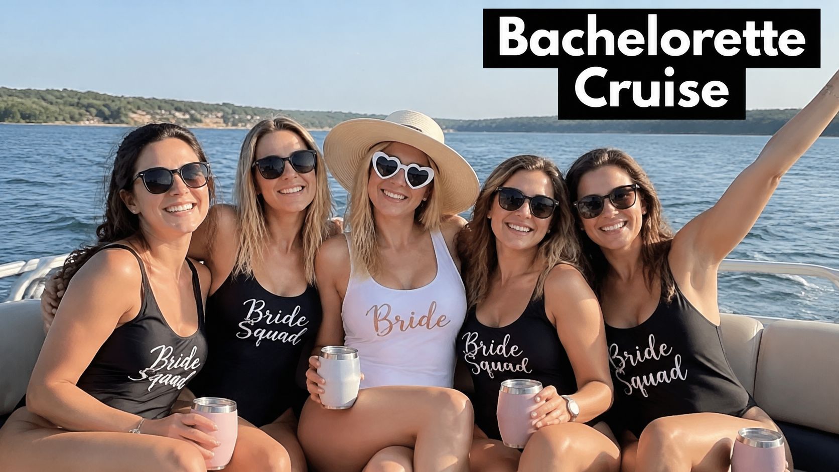 A group of five smiling women wearing matching bride and bride squad swimsuits on a boat trip.