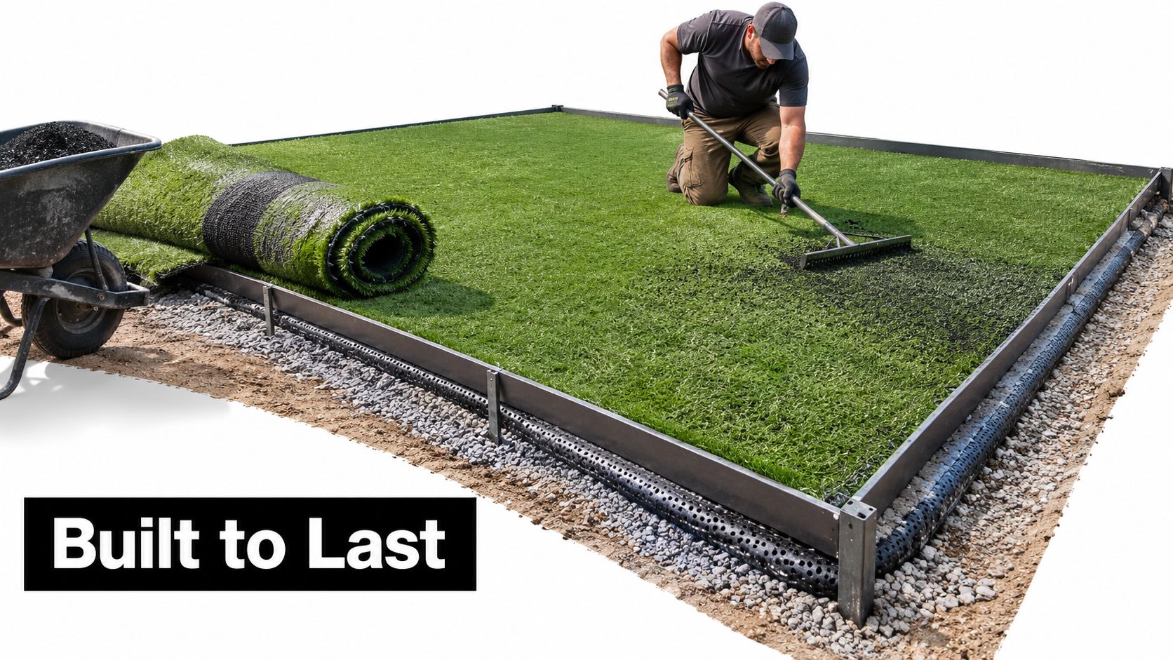 A professional installer spreading black infill material over a newly laid artificial grass surface for dogs.
