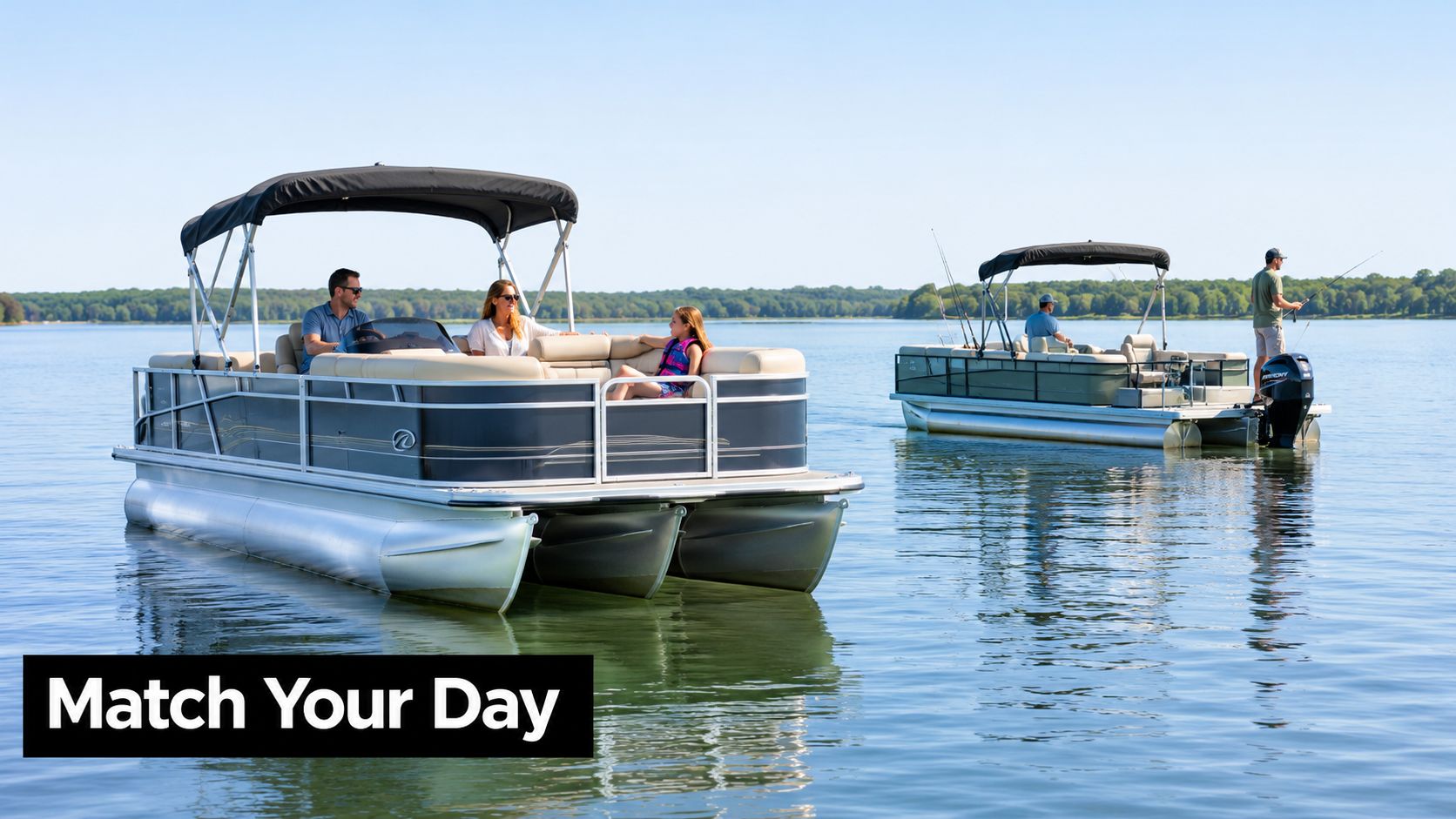 A family enjoying a relaxing day on a modern pontoon boat on a calm lake.