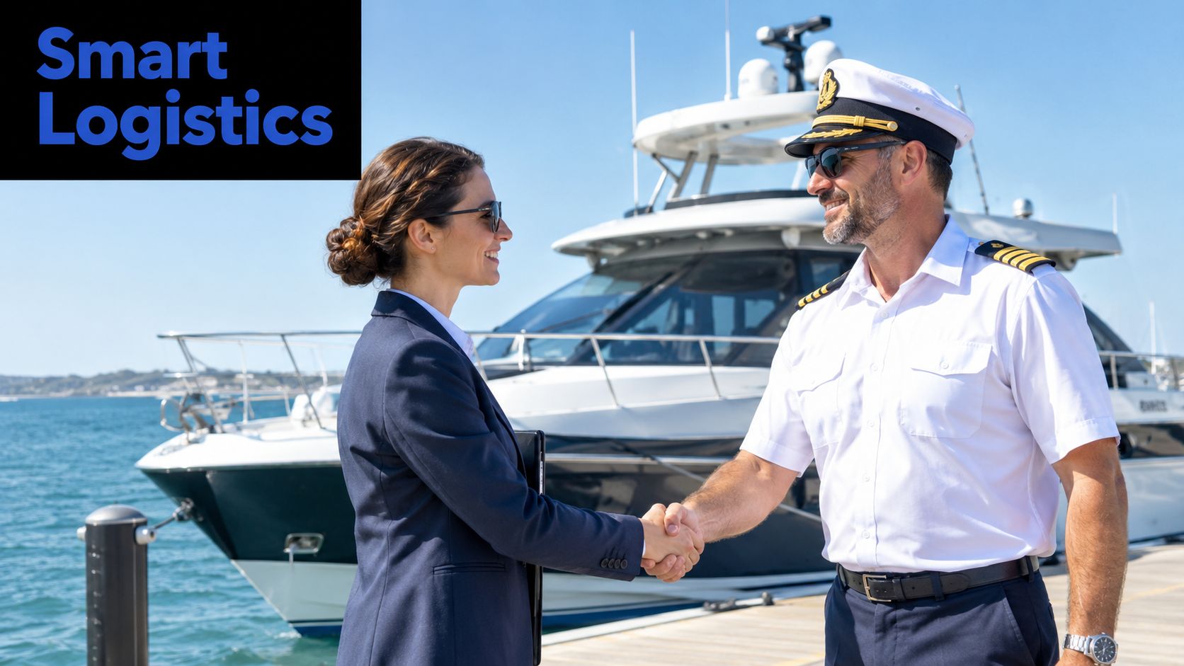 A professional woman in a business suit shaking hands with a ship captain near a luxury yacht.