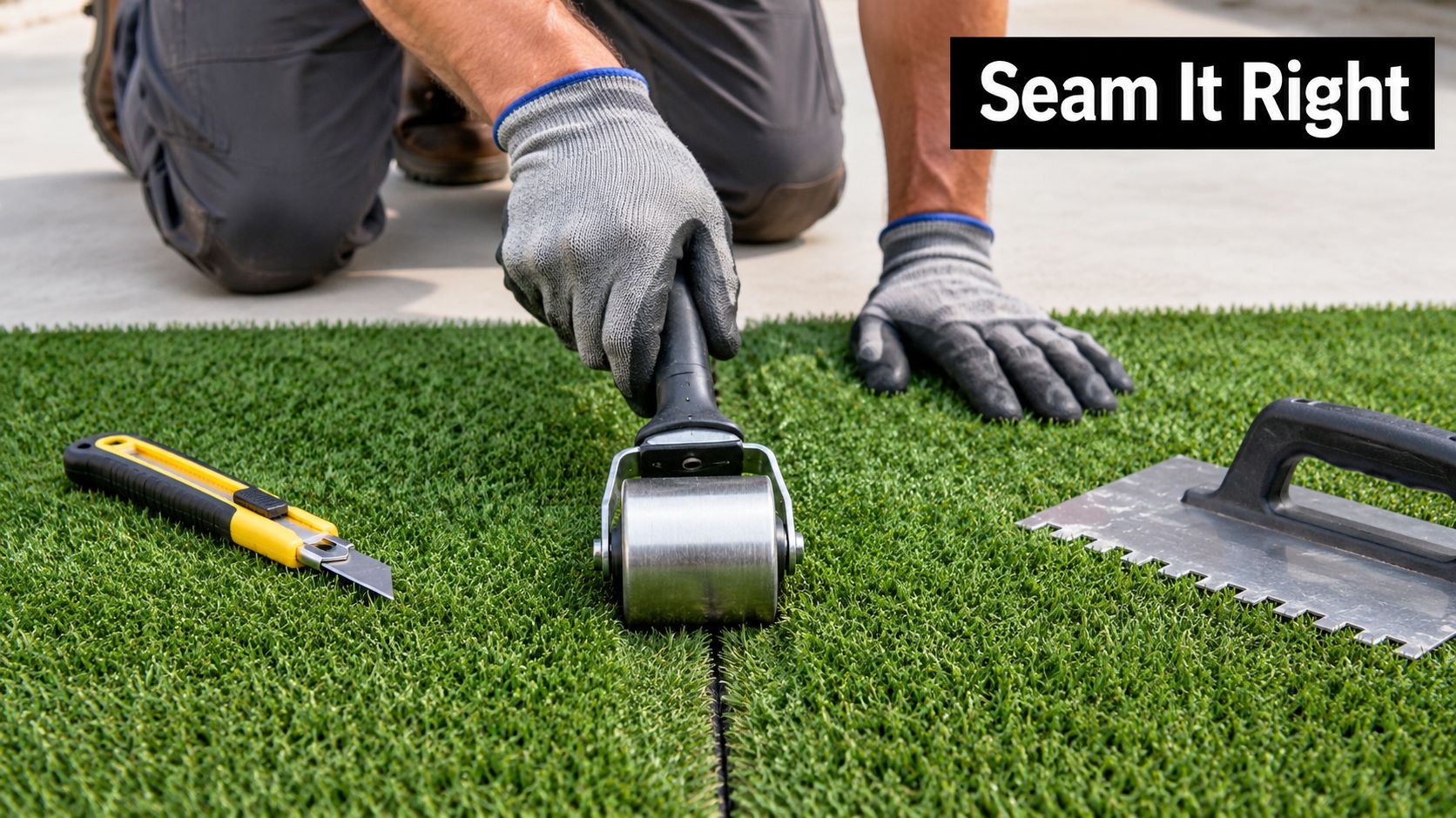 A professional installer uses a seam roller to join sections of artificial turf on concrete.