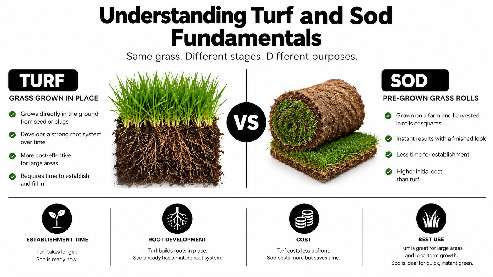 An infographic comparing turf and sod, highlighting differences in growth, establishment time, cost, and best uses.