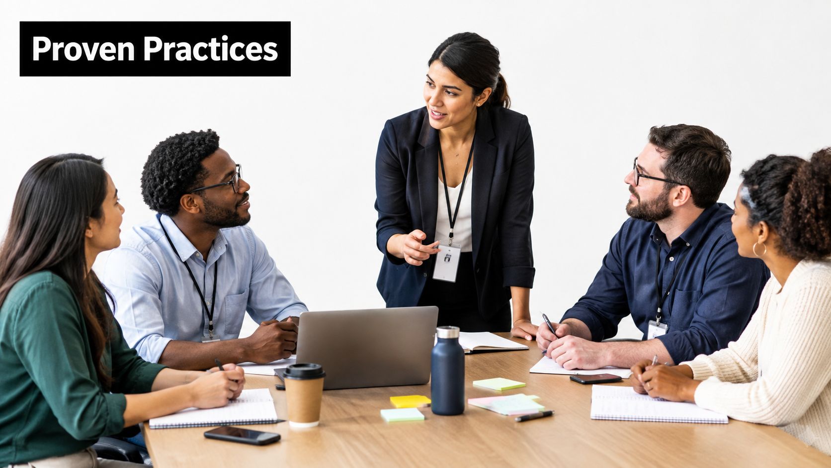 A diverse team of professionals collaborating during a productive meeting around a wooden table in an office.
