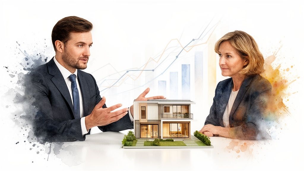 Makelaar bespreekt een huismodel met een klant, met financiële grafieken, gericht op vastgoedtaxatie.