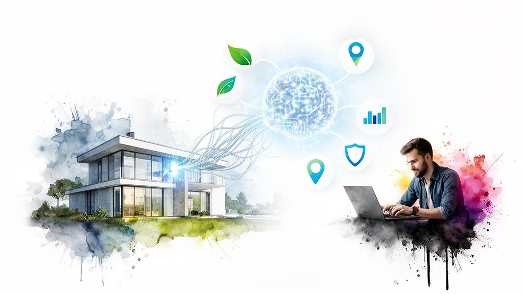 Moderne woning verbonden met AI-brein, man op laptop beheert slimme functies, inclusief duurzaamheid en veiligheid.