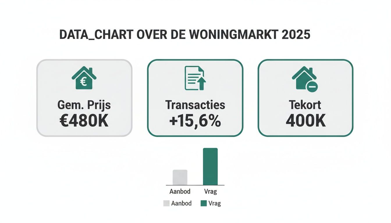 Datagrafiek over de Nederlandse woningmarkt in 2025 met gemiddelde prijs, transacties, tekort, aanbod en vraag.