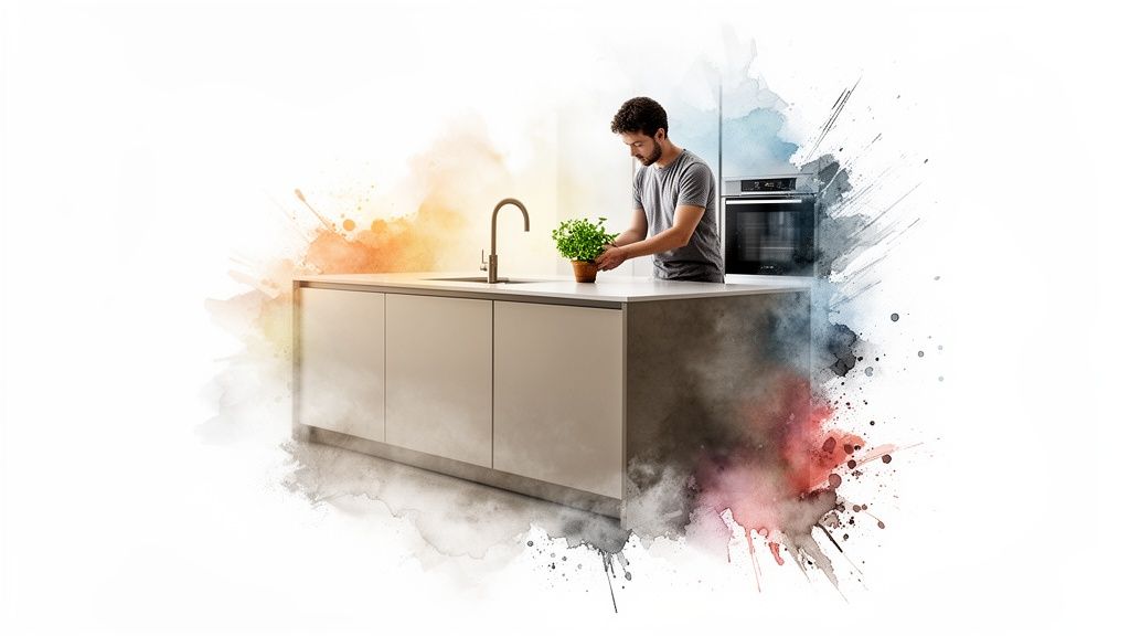 Een man giet een plant water bij een moderne keukenspoelbak op een eiland, met aquarel accenten.