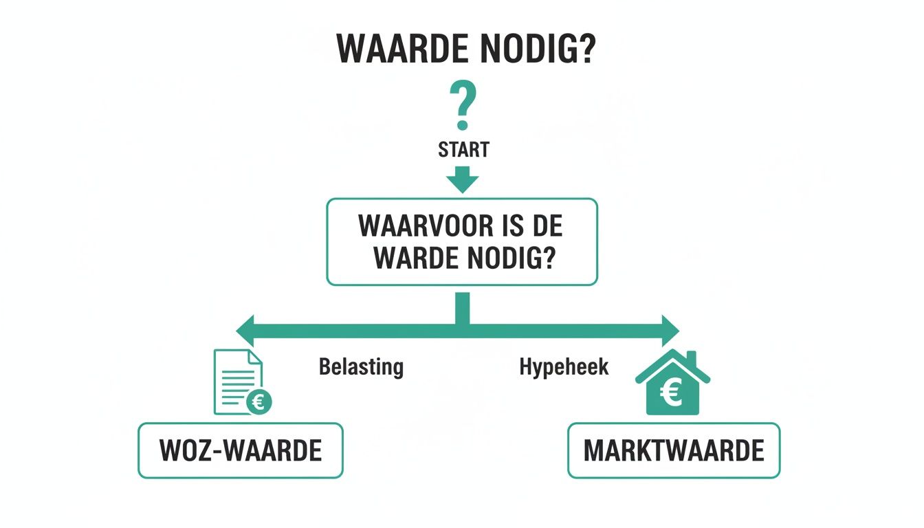Flowchart over wanneer een WOZ-waarde of marktwaarde nodig is voor belasting of hypotheek.
