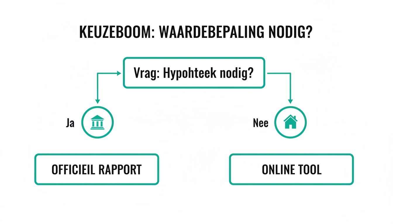 Keuzeboom voor waardebepaling: nodig voor hypotheek? Ja: officieel rapport. Nee: online tool.