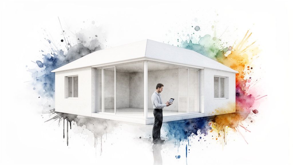 Man met tablet in een wit casco huis, omringd door kleurrijke aquarelspatten.