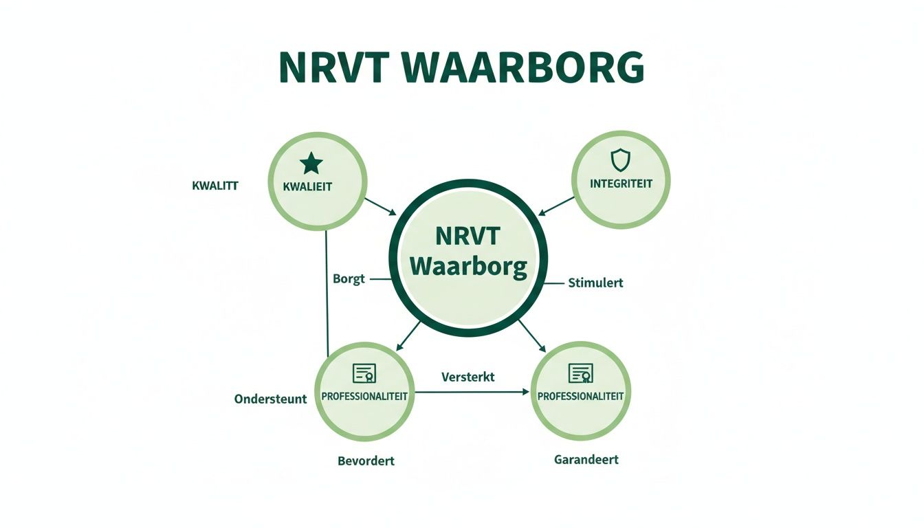 Diagram van de NRVT Waarborg, die kwaliteit, integriteit en professionaliteit borgt en stimuleert.