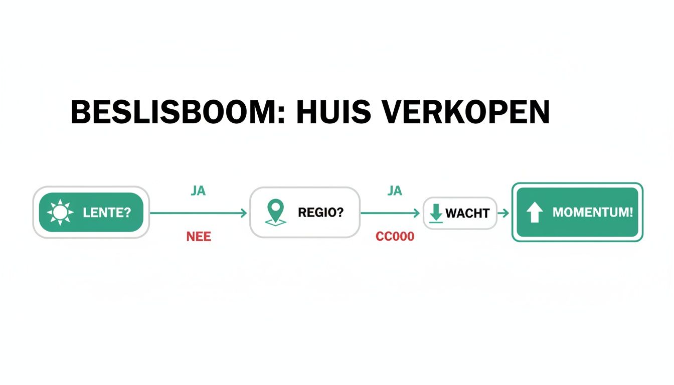 Een beslisboom die stappen toont voor het bepalen van het beste moment om een huis te verkopen.