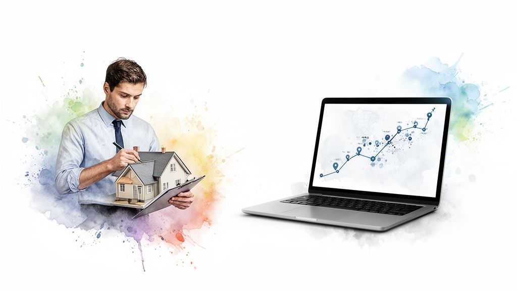 Een vastgoedprofessional inspecteert een modelwoning, met een laptop die markttrends en locatiegegevens weergeeft.