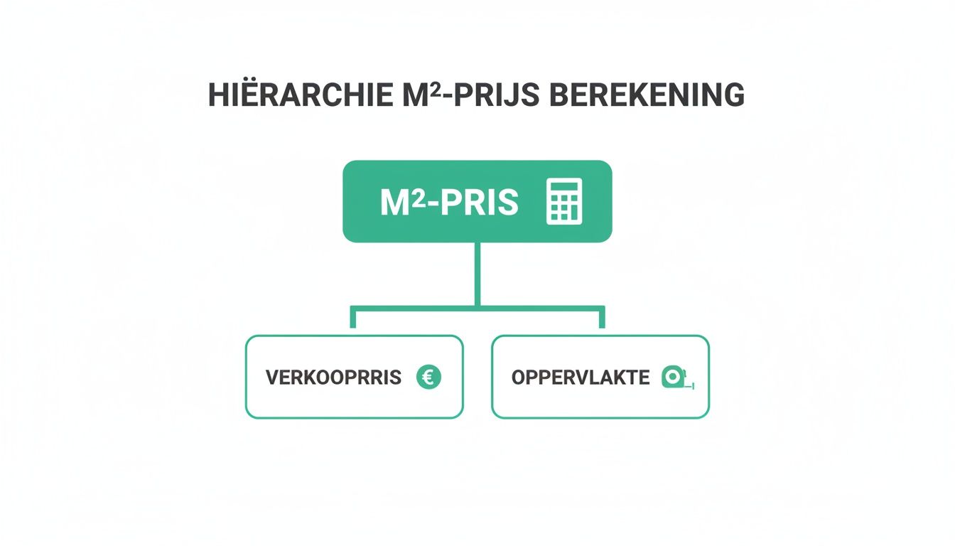 Hiërarchiediagram toont de berekening van de m²-prijs uit verkoopprijs en oppervlakte, inclusief relevante iconen.