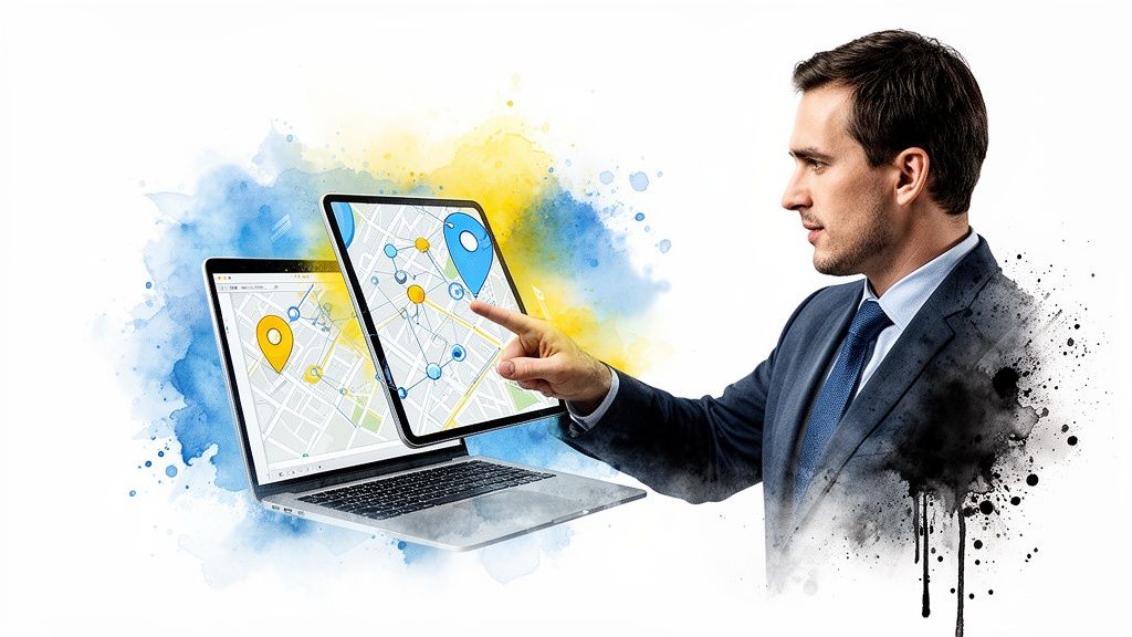 Een man in pak gebruikt een laptop en een tablet om digitale kaarten en locatieaanwijzers te bekijken.