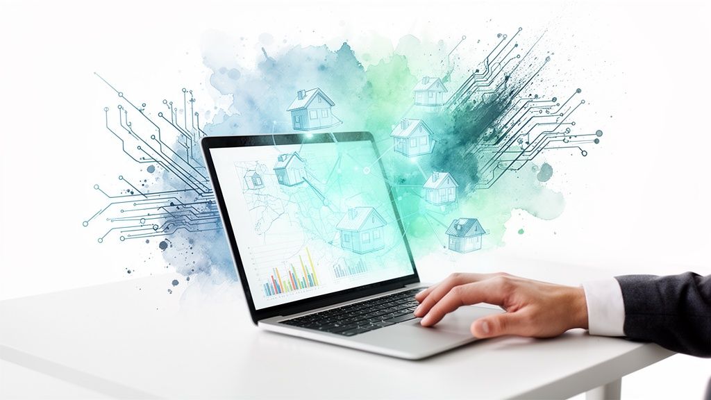 Een hand typt op een laptop met vastgoedgegevens en een netwerk van huizen op het scherm, tegen een digitale achtergrond.