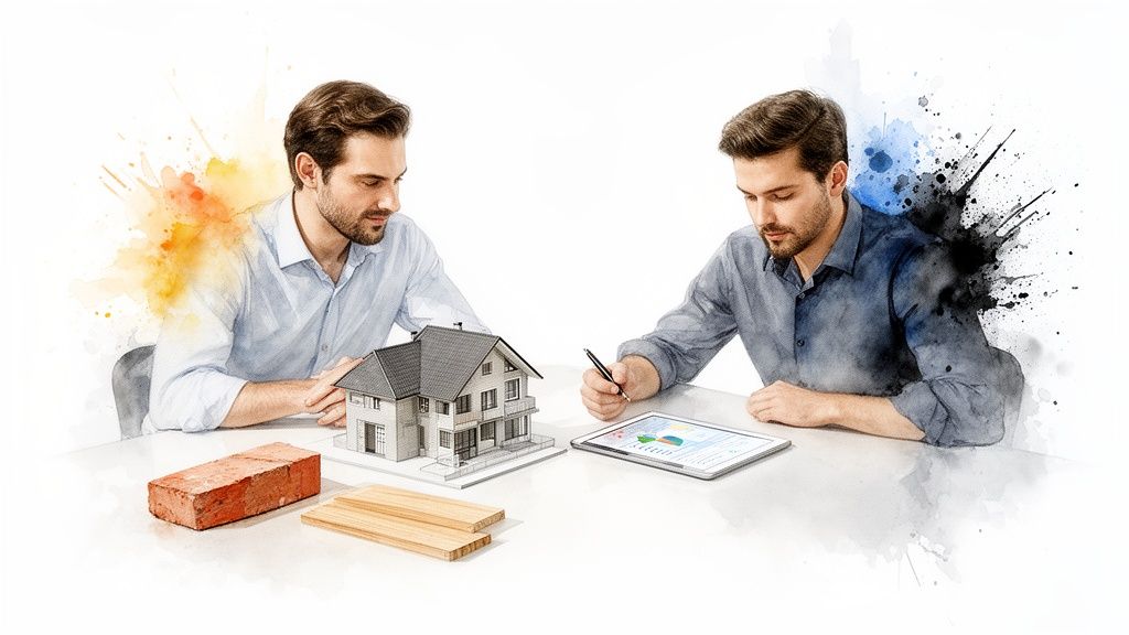 Twee mannen bespreken een huisbouwproject met een modelwoning, bouwmaterialen en een digitale tablet.
