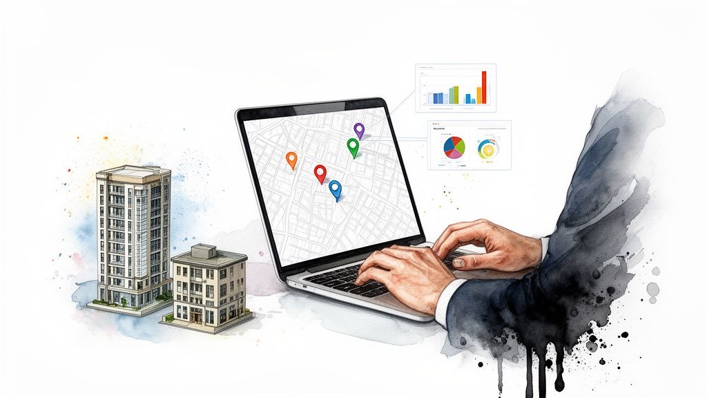 Persoon typt op laptop met kaart en gebouwen, toont locatie-analyse en vastgoeddata.