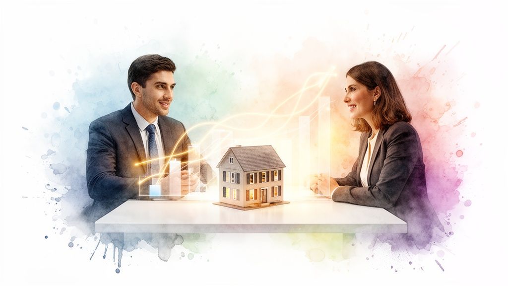 Twee professionals bespreken de financiële groei van een woning, met een modelhuis en grafieken.