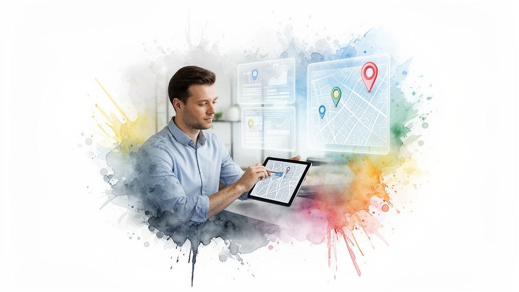 Man gebruikt tablet met kaarten en locatiepinnen, omringd door data-overzichten en kleurrijke spatten.