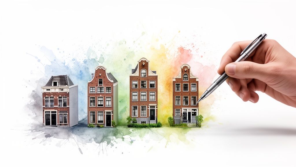 Levendige aquarel van Nederlandse huizen met hand die schetst, symbool voor design en bouw.