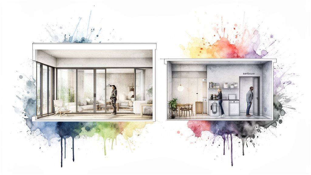 Twee dwarsdoorsnedes van een woning: een lichte woonkamer met terras en een functionele keuken met aanbouw.