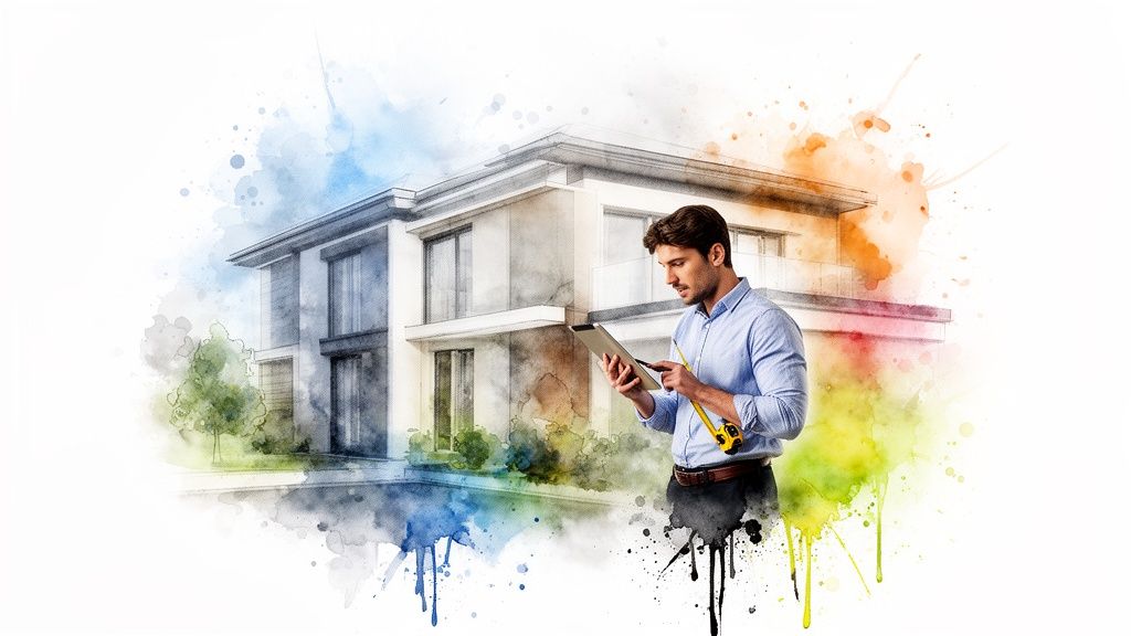 Een taxateur met tablet en meetlint voor een modern, waterverf huis, symbool voor vastgoedinspectie.