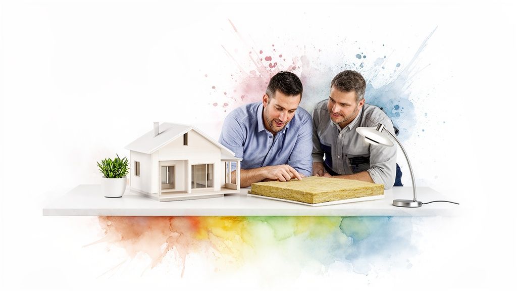 Twee mannen bekijken een modelwoning en isolatiemateriaal, met kleurrijke waterverfspatten op de achtergrond.