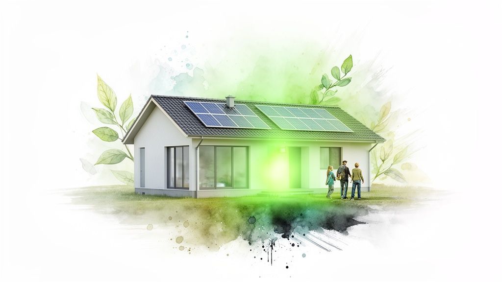 Illustratie van een modern wit huis met zonnepanelen, groene energie en een gezin, omringd door bladeren.