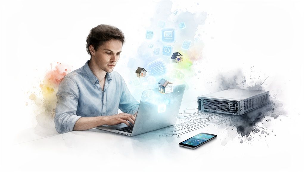 Man werkt op laptop met zwevende digitale huizen en app-pictogrammen, naast een server en smartphone.
