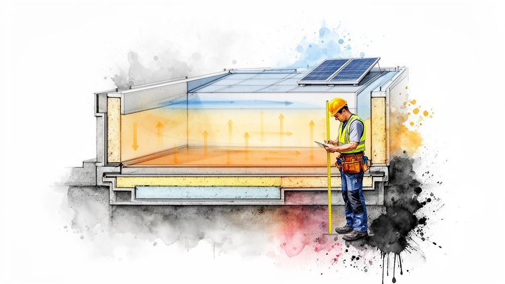 Doorsnede van een gebouw met isolatie, zonnepanelen en een bouwvakker die metingen verricht voor energie-efficiëntie.