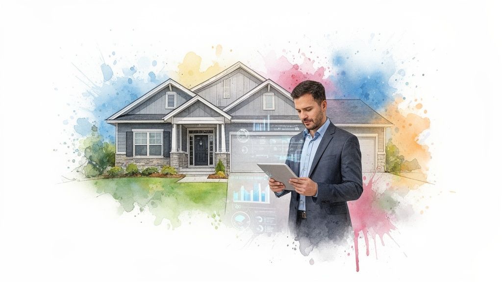 Man in pak bekijk tablet met digitale gegevens voor een aquarel huis, omringd door kleurrijke spetters.