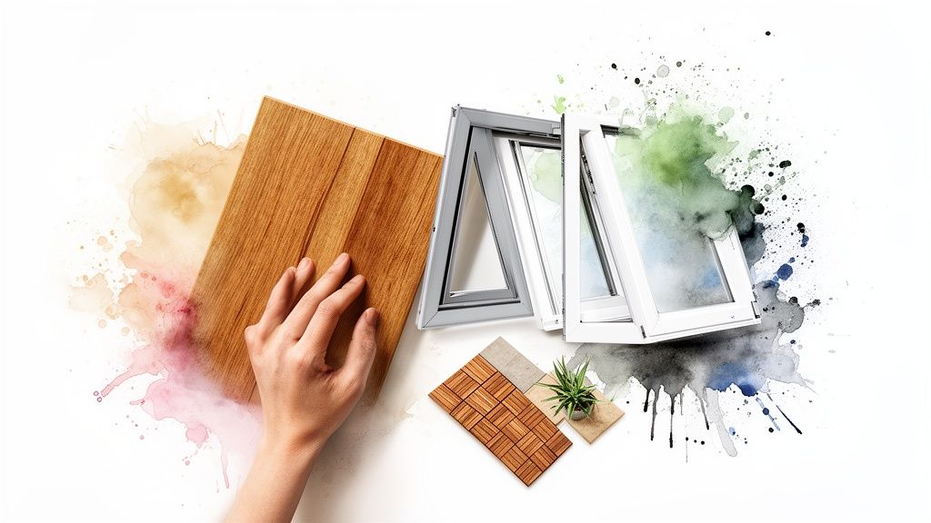 Hand raakt houten plank aan, met ramen, vloerstaaltjes en plant, tegen kleurrijke aquarelspatten.