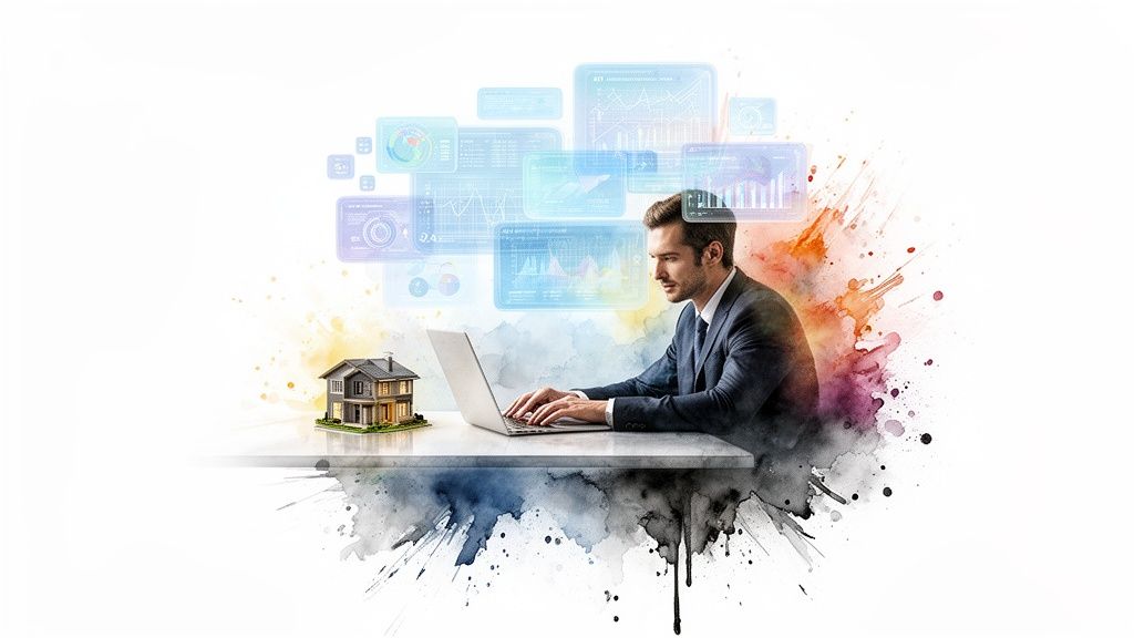 Man in pak werkt op laptop met een huismodel ernaast, omringd door zwevende digitale schermen met gegevens.