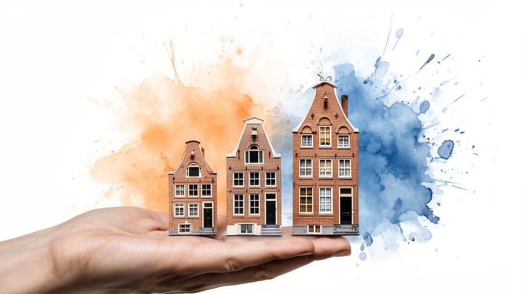 Een hand houdt drie bakstenen huizen van verschillende grootte vast, tegen een aquarelachtergrond.