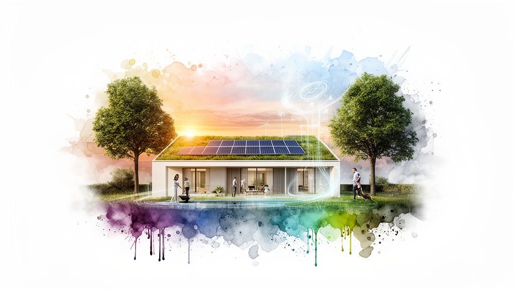 Modern eco-vriendelijk huis met zonnepanelen, groen dak en mensen in een levendige natuurlijke omgeving.