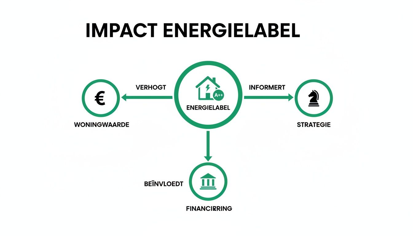 Diagram dat de impact van een energielabel toont op woningwaarde, strategie en financiering.